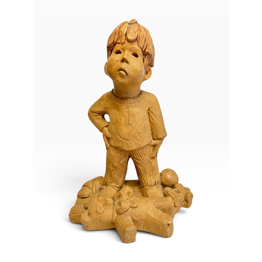 Vintage MCM Lee Bortin Originals Sculpture Boy w/Toys Tan Clay Figurine 10.5"
